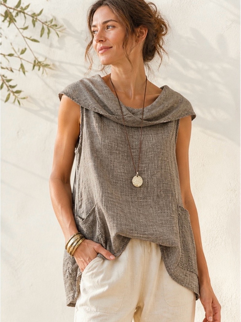 Chalet CC Linen Gauze Tunic M Oversized Collar Artisan Top Neutral Lagenlook